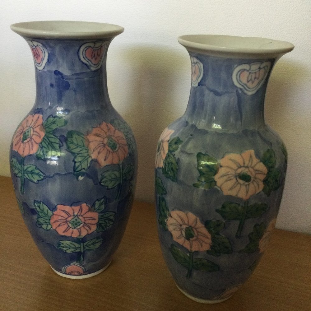 Two matching Chinese ceramic vases small hand painted 8"